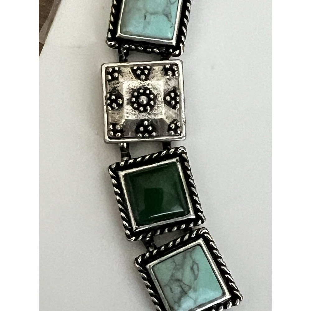Ornate Lucky Brand VTG Green Turquoise Flower Cabochon Bracelet Silver Tone Boho - Picture 8 of 14